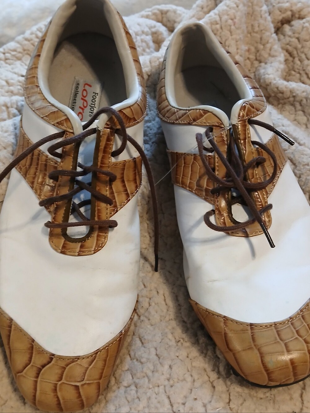 FootJoy Women's White and Brown Spikeless Golf Shoes Foot Joy Lopro